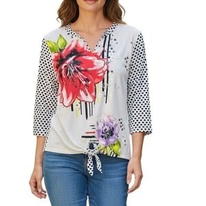 Onque Casual Blouse Large Floral Polka Dot Mixed Media Sequin Accents Tie Front